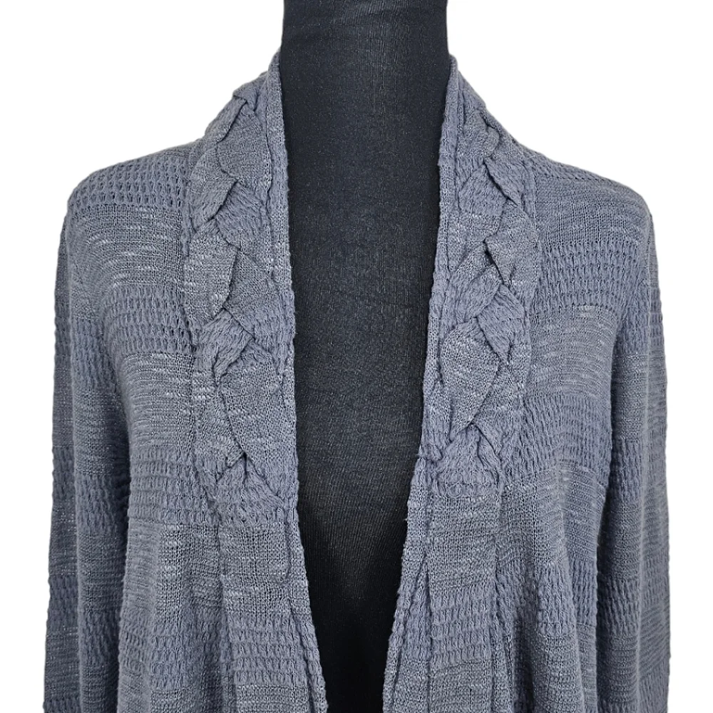 Anthropologie One September Blue Boho Braided Neck Pointelle Knit Open Cardigan